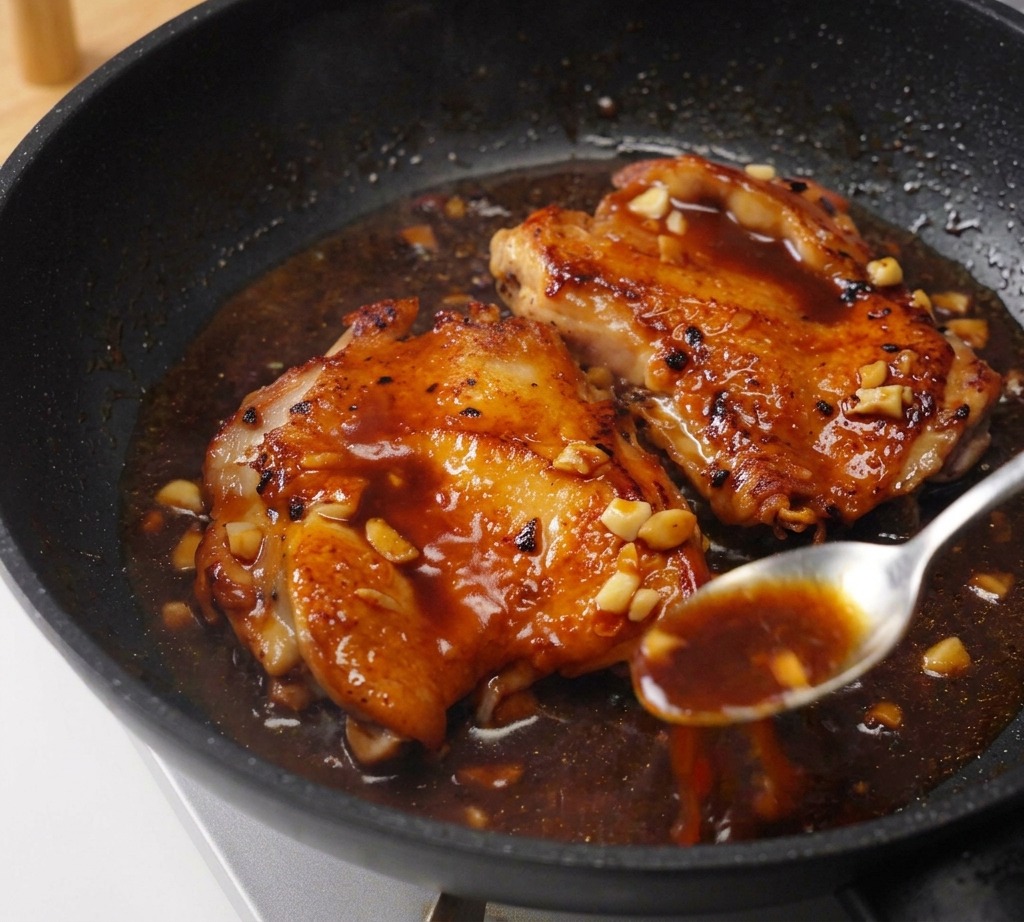Dos contramuslos de pollo de color marrón dorado hirviendo a fuego lento en una salsa oscura y brillante mientras se bañan con una cuchara.