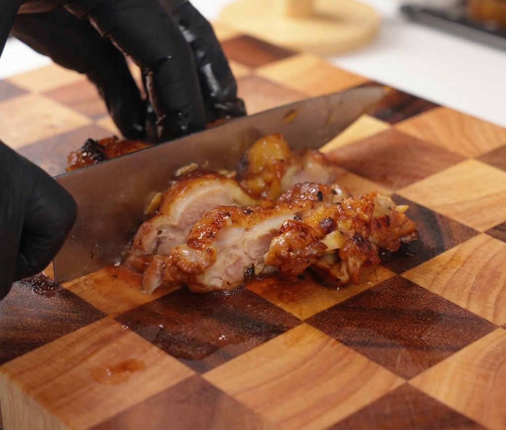 Una persona con guantes negros utilizando un cuchillo grande para cortar un contramuslo de pollo cocinado, glaseado y de color marrón oscuro sobre una tabla de madera a cuadros.
