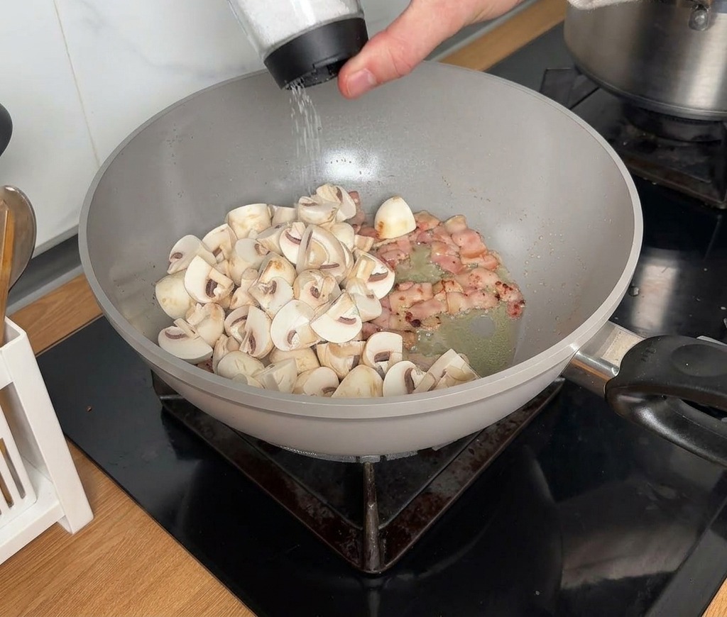 Una mano sazonando champiñones salteados y beicon en un wok gris.