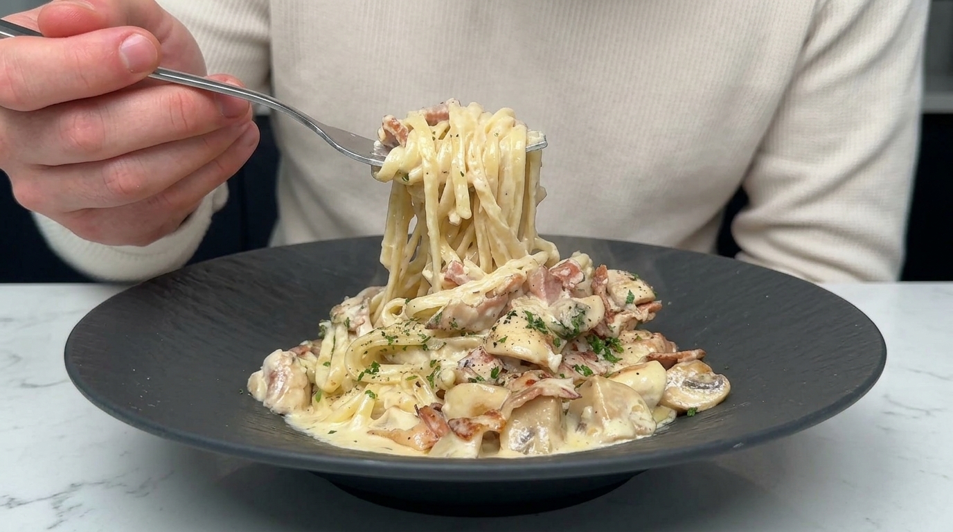 Linguine Cremosos con Beicon y Champiñones
