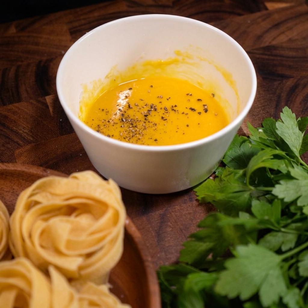 Un tazón que contiene una mezcla suave de huevo y queso amarillo coronada con granos gruesos de pimienta negra recién molida.