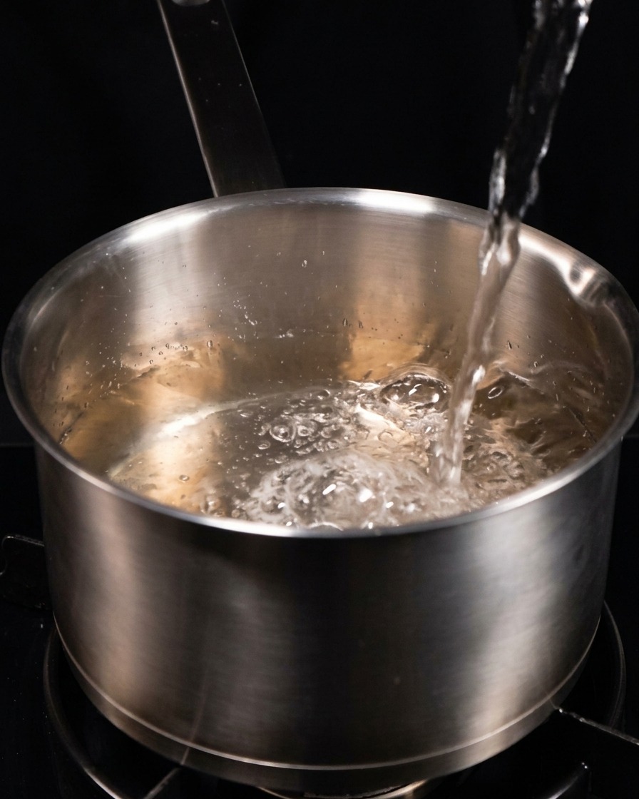 Agua clara vertiéndose continuamente en una olla grande y vacía de acero inoxidable.