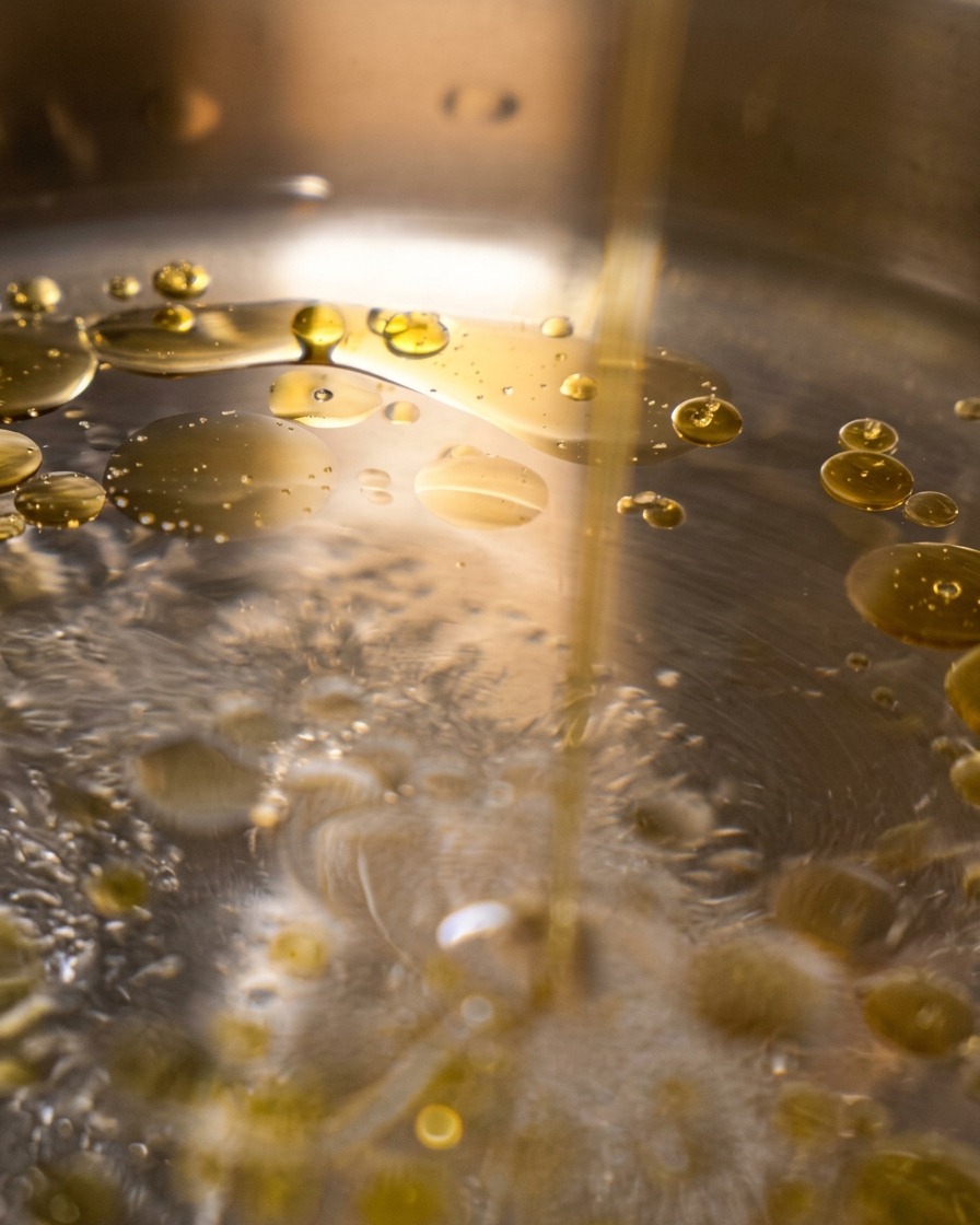 Gotas doradas de aceite de oliva flotando en la superficie del agua a punto de hervir.