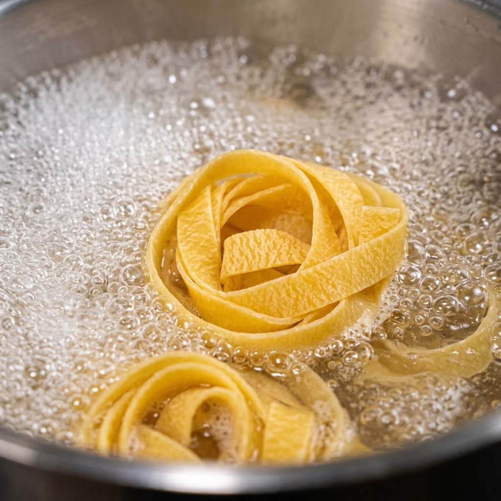 Un nido de pasta tagliatelle seca hirviendo vigorosamente en una olla con agua.