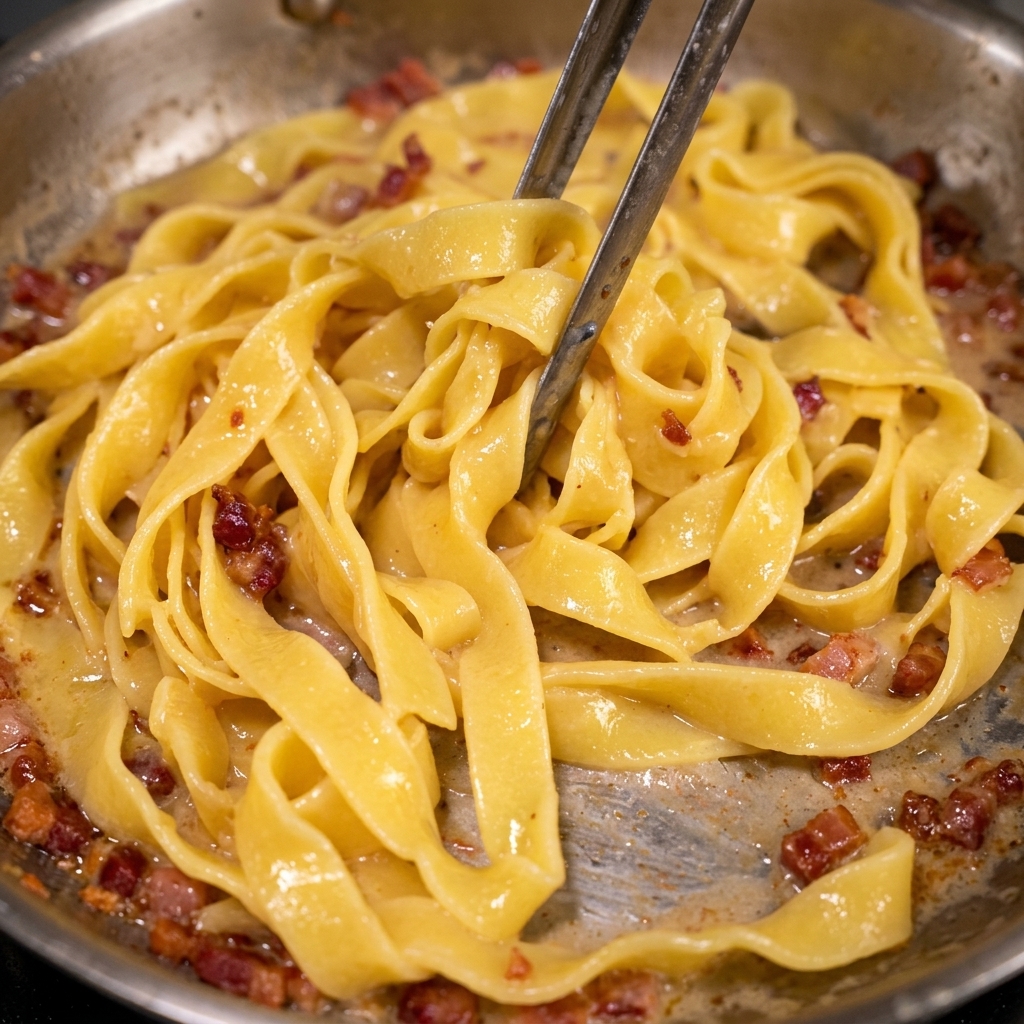 Pinzas de metal mezclando la pasta tagliatelle cocida con trocitos crujientes de tocino y una rica salsa en una sartén.