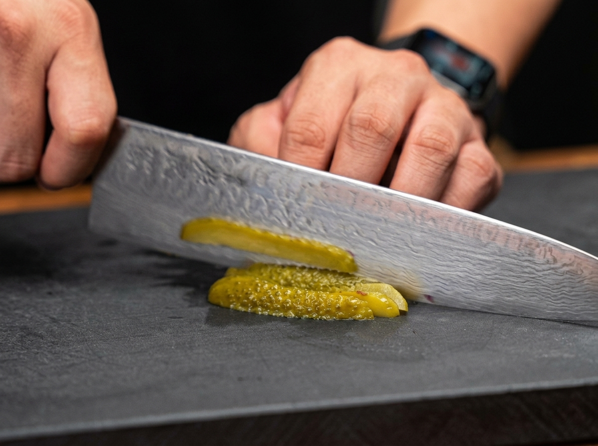 Primer plano de un cuchillo picando finamente pepinillos sobre una tabla de cortar oscura.