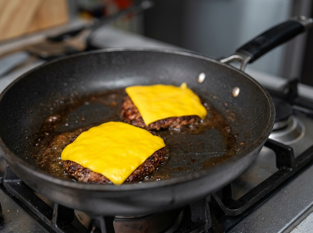 Dos medallones de carne sellados en la sartén, cada uno cubierto con una rebanada de queso cheddar amarillo derretido.
