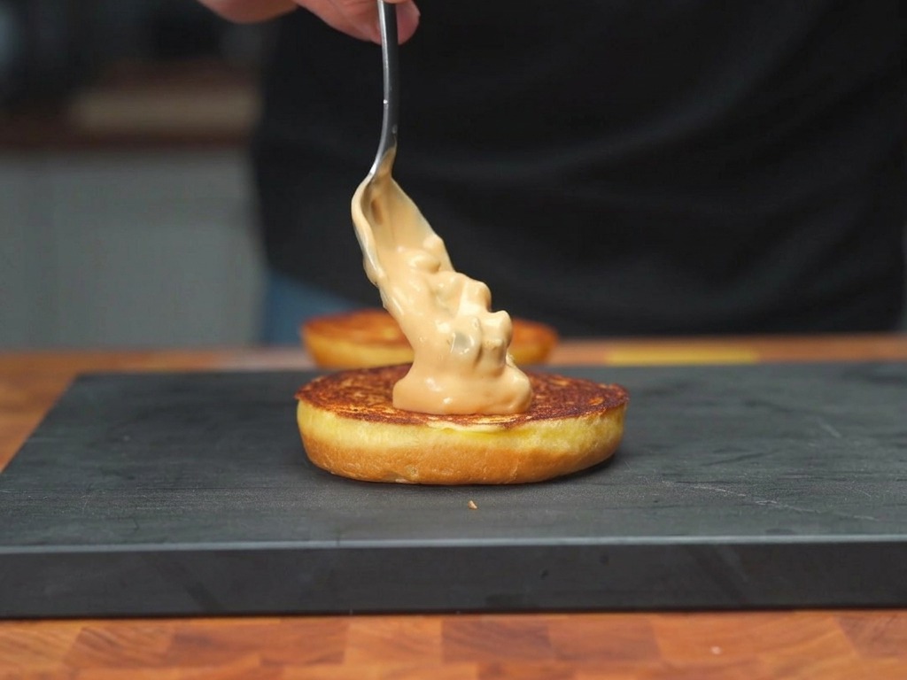 Untando una salsa cremosa y rosada sobre un pan brioche tostado con una cuchara de metal.