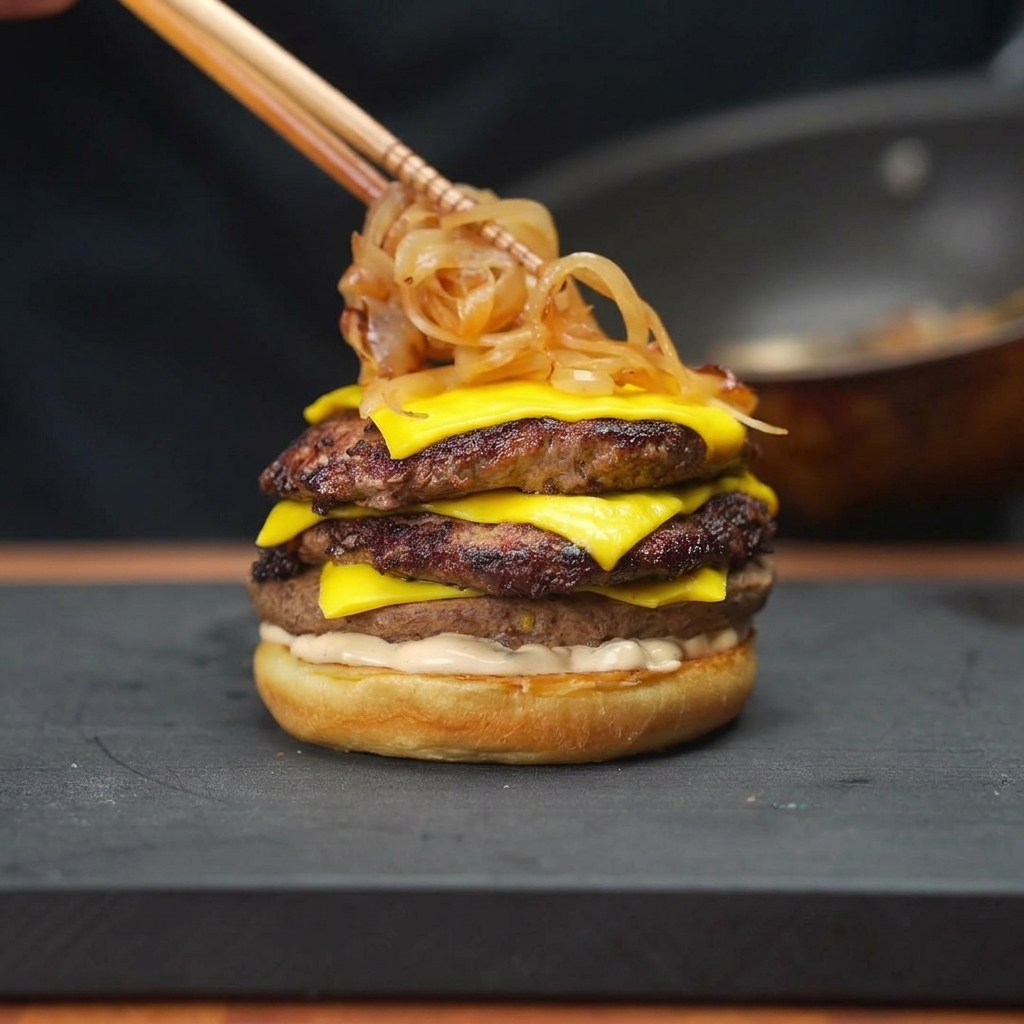 Colocando una montaña de suave cebolla caramelizada sobre la hamburguesa doble usando palillos de madera.