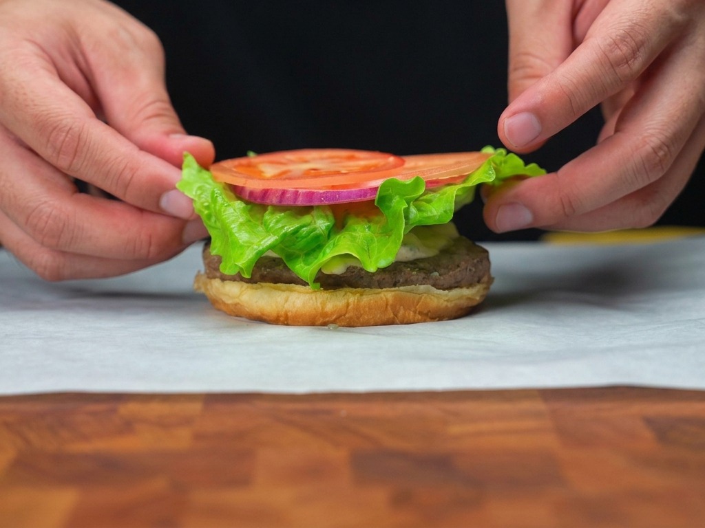 Añadiendo lechuga fresca y una rodaja de tomate sobre un medallón de carne cocinada.