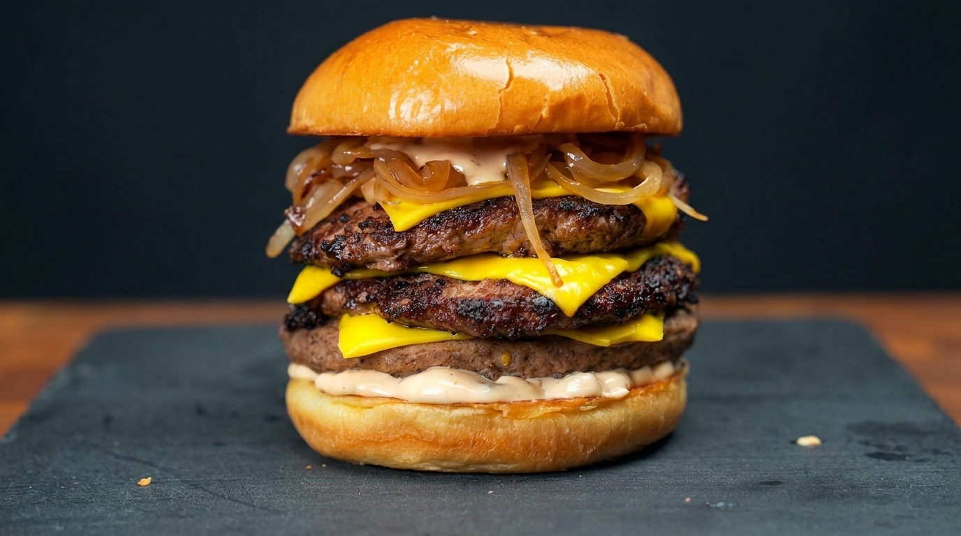 La Mejor Hamburguesa Doble con Queso y Cebolla Caramelizada