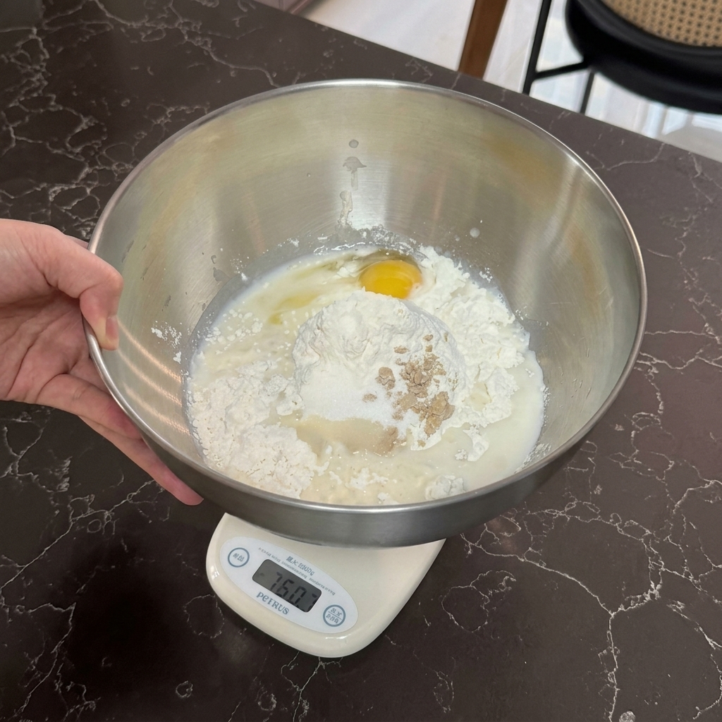 Un bol de acero inoxidable sobre una báscula de cocina con leche, un huevo, harina y levadura seca por encima.