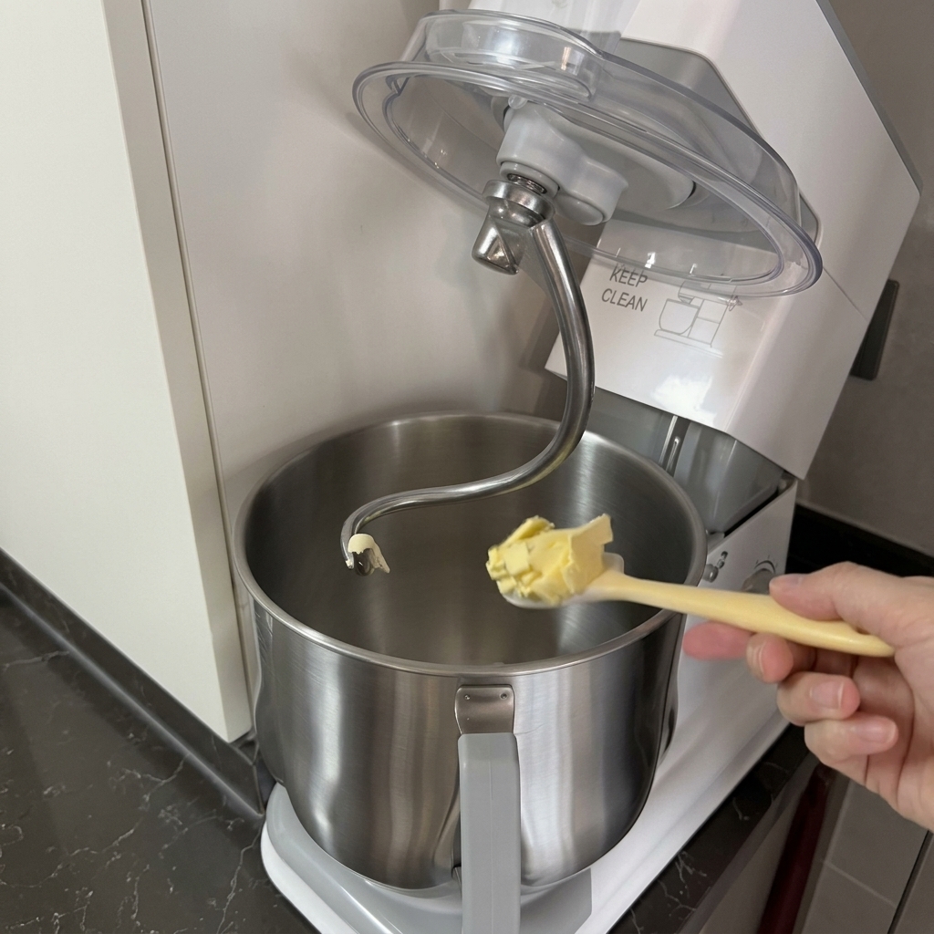 Una mano usando una espátula para añadir un cubo de mantequilla a un tazón de amasadora que contiene la masa de pan.