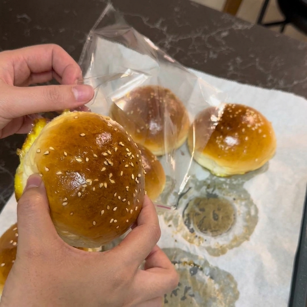 Una persona metiendo un pan de hamburguesa con sésamo ya horneado en una bolsa de plástico transparente.