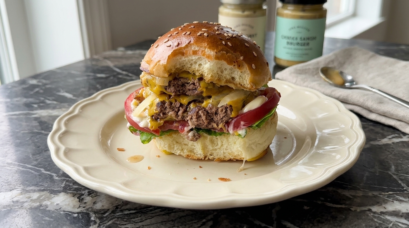Hamburguesa Casera con Doble Queso y Esponjosos Panes de Sésamo