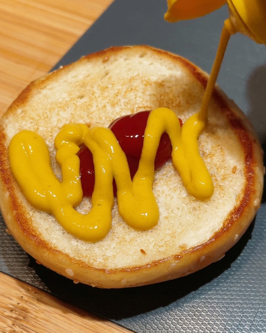 Trazos de mostaza amarilla sobre el kétchup en un pan de hamburguesa tostado.