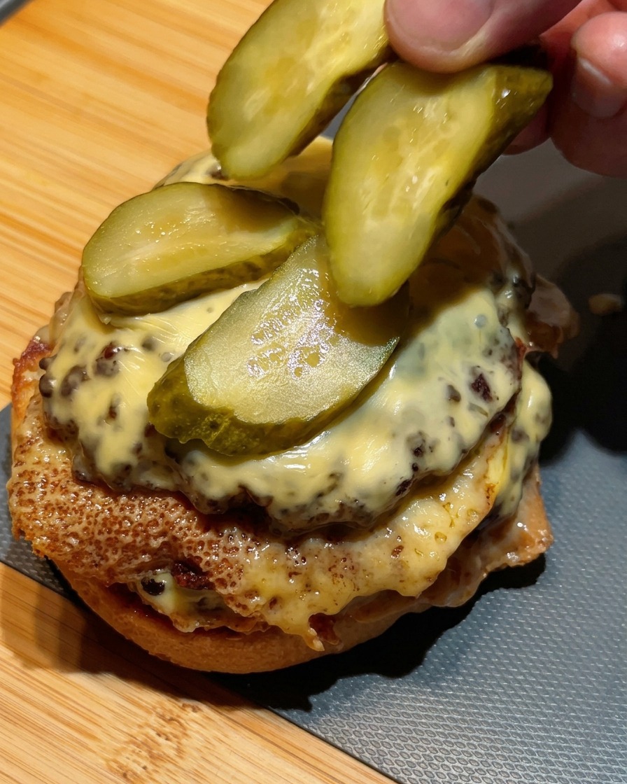 Unos dedos colocando rodajas de pepinillos sobre la torre de la hamburguesa doble.