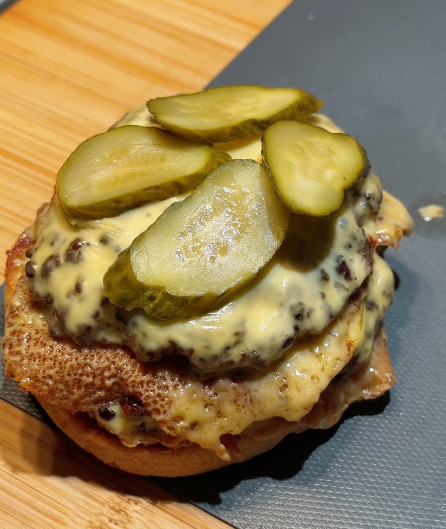 Cuatro rodajas de pepinillo sobre una carne de hamburguesa doble en su pan.