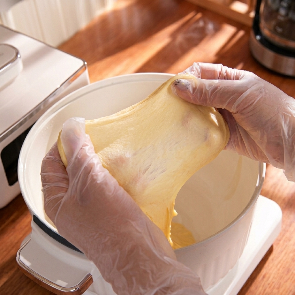 Manos con guantes estirando un trozo de masa para mostrar una membrana gruesa y rugosa.