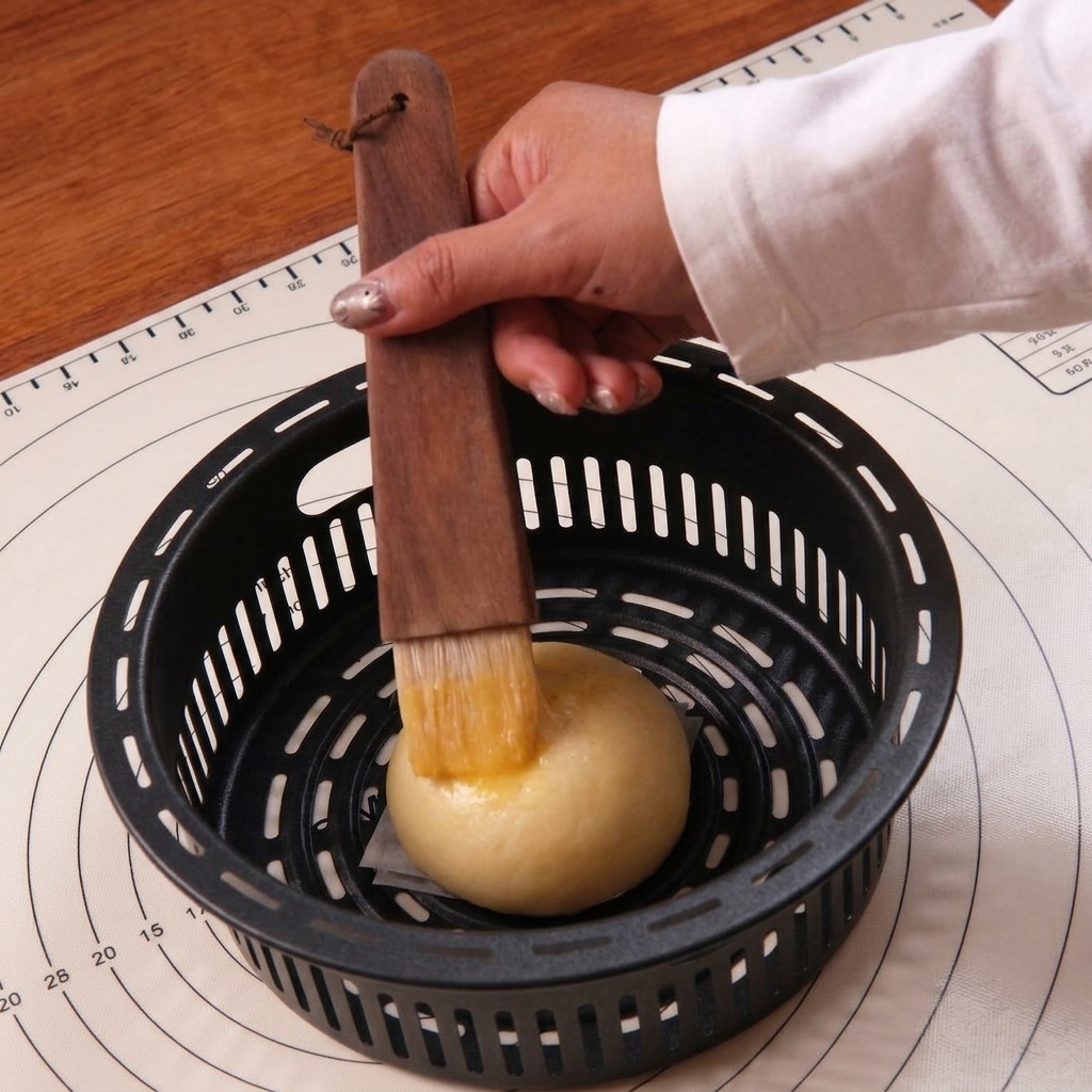 Una mano usando un pincel de repostería para cubrir una bola de masa levada con huevo batido.