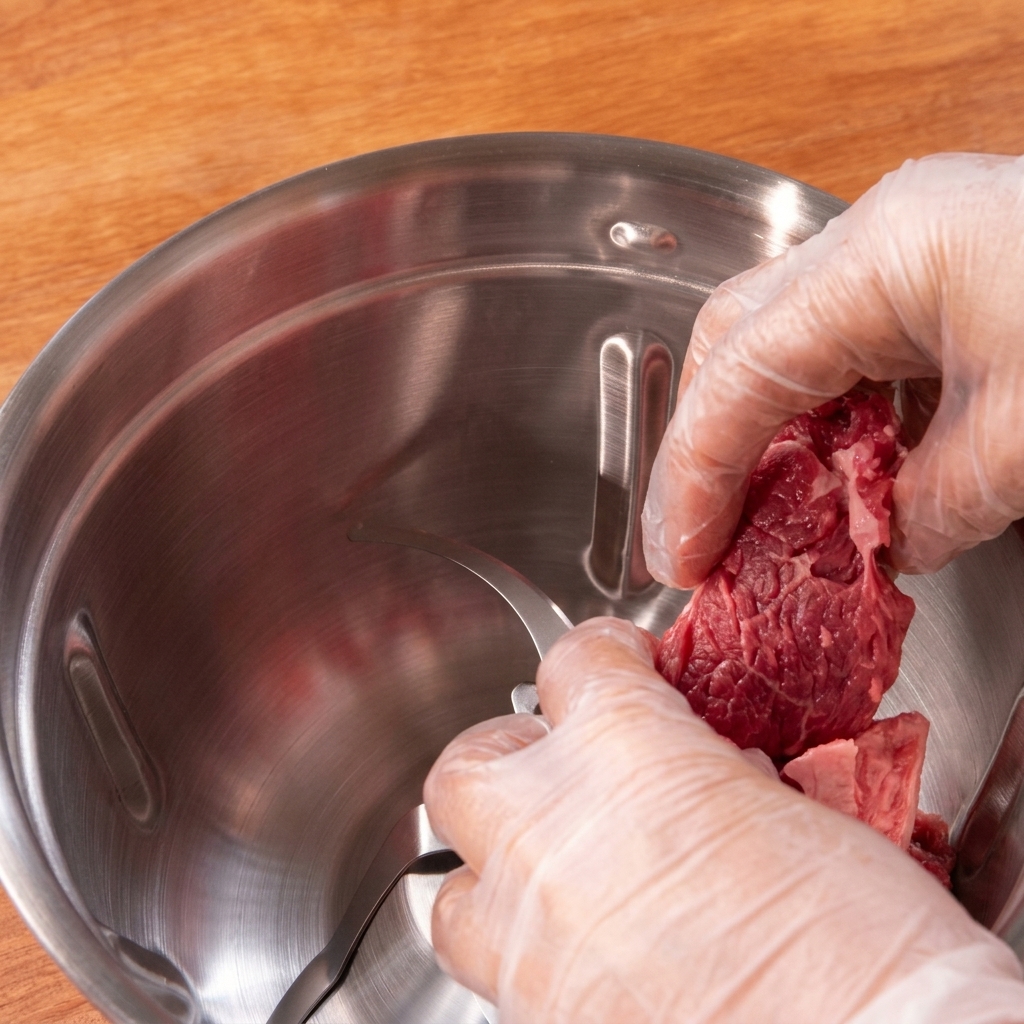 Manos con guantes colocando trozos de carne roja cruda en el bol de acero inoxidable de un procesador de alimentos.