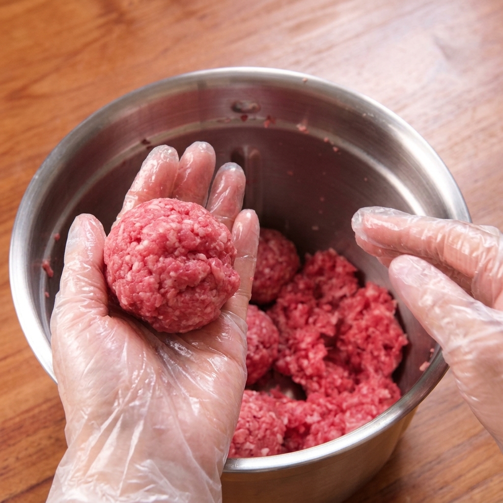 Manos con guantes formando una bola con la carne picada sobre un bol de metal.