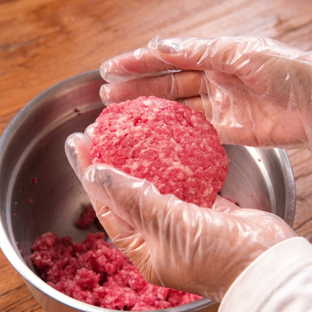 Manos dando forma redondeada a una bola de carne picada sobre un bol de acero inoxidable.
