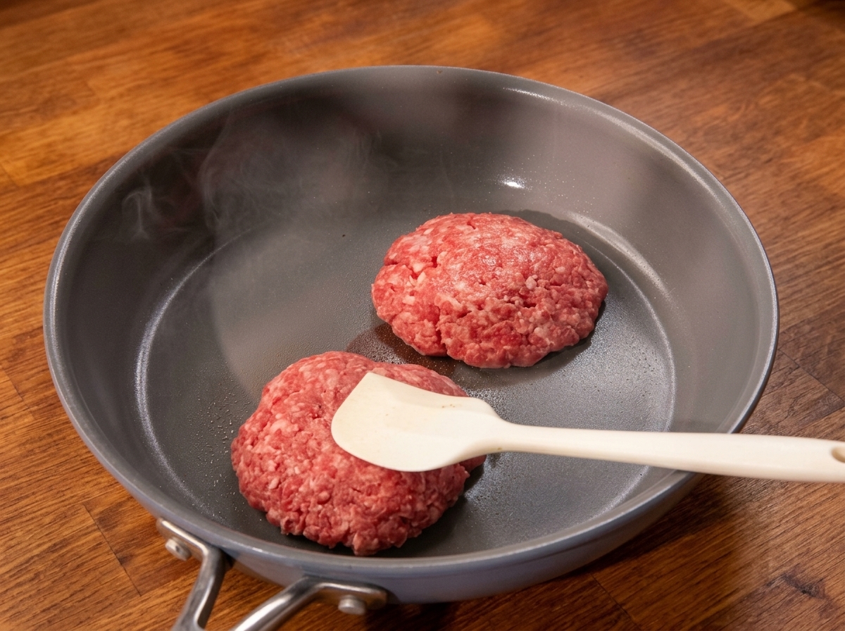 Dos hamburguesas sellándose en una sartén caliente mientras una espátula presiona ligeramente una de ellas.