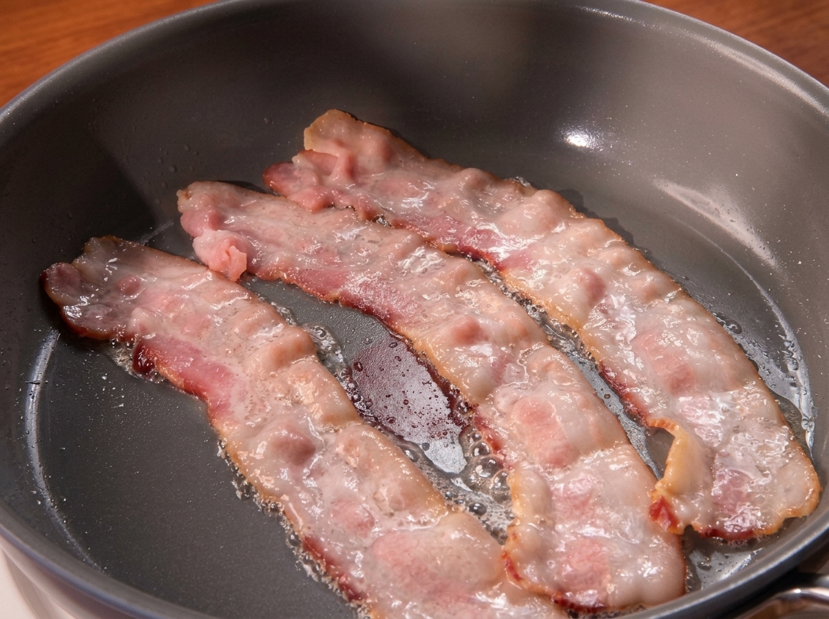 Tres tiras de bacon chisporroteando en una sartén caliente.
