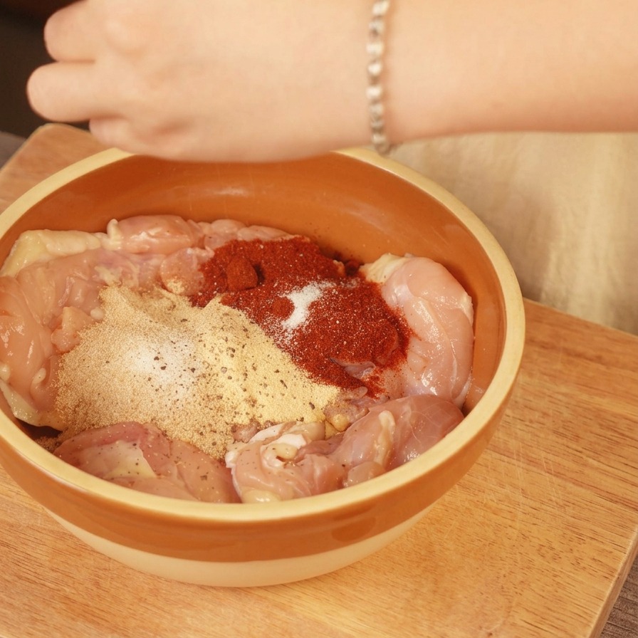 Una persona moliendo pimienta negra sobre pollo crudo cubierto con pimentón y ajo en un bol marrón.