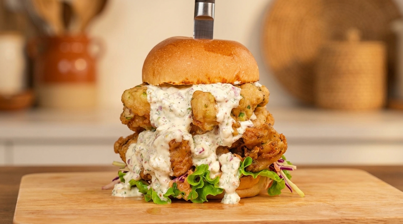 Hamburguesa de pollo frito de doble capa con rebozado de cebollino y salsa de yogur