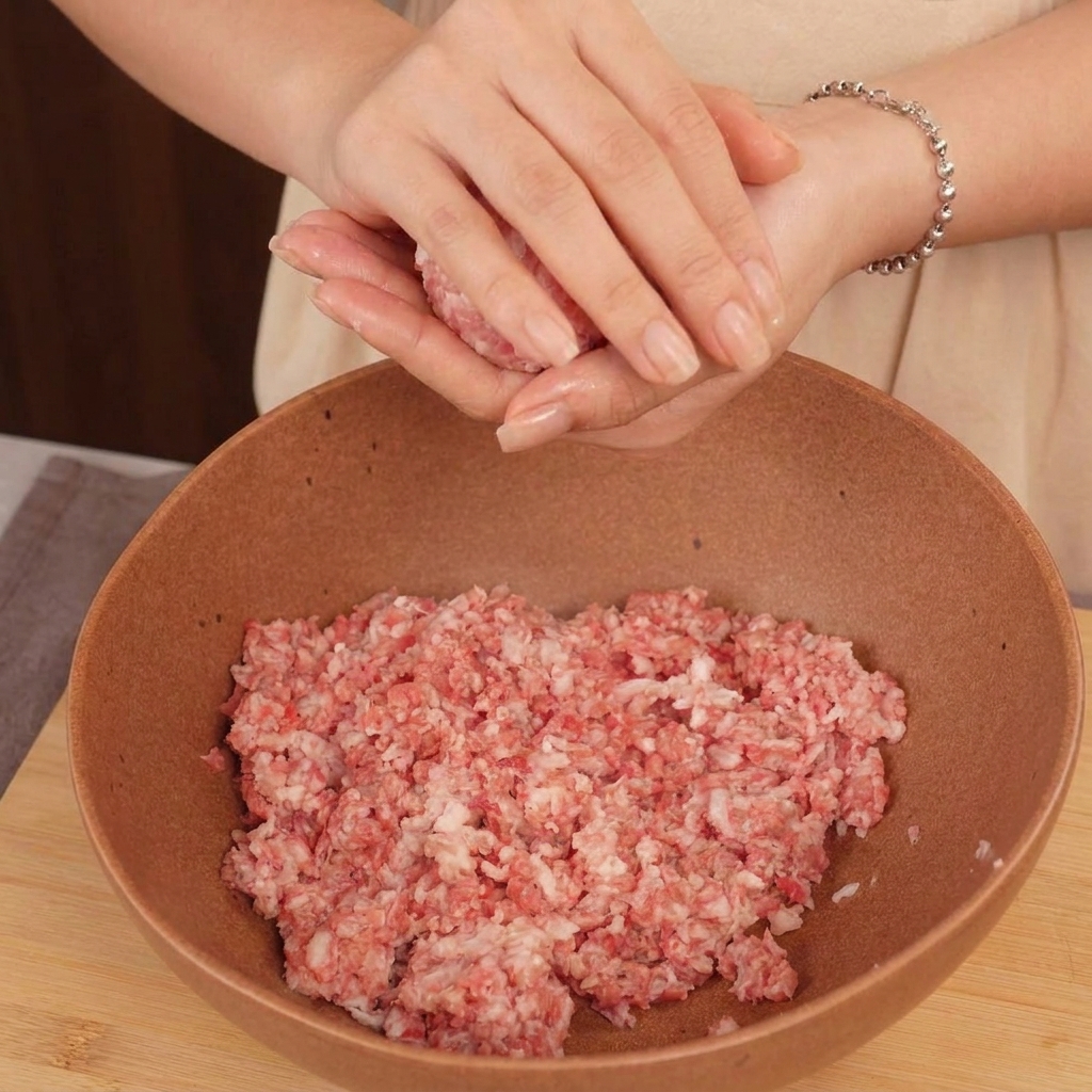 Manos formando suavemente una bola de carne de ternera picada sobre un bol grande de carne.