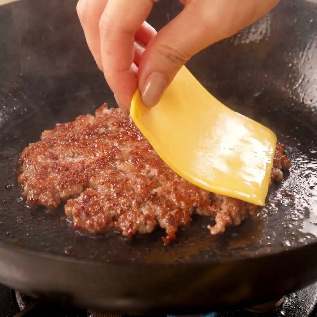 Una mano colocando una loncha de queso amarillo sobre la carne ya sellada y crujiente en el wok.