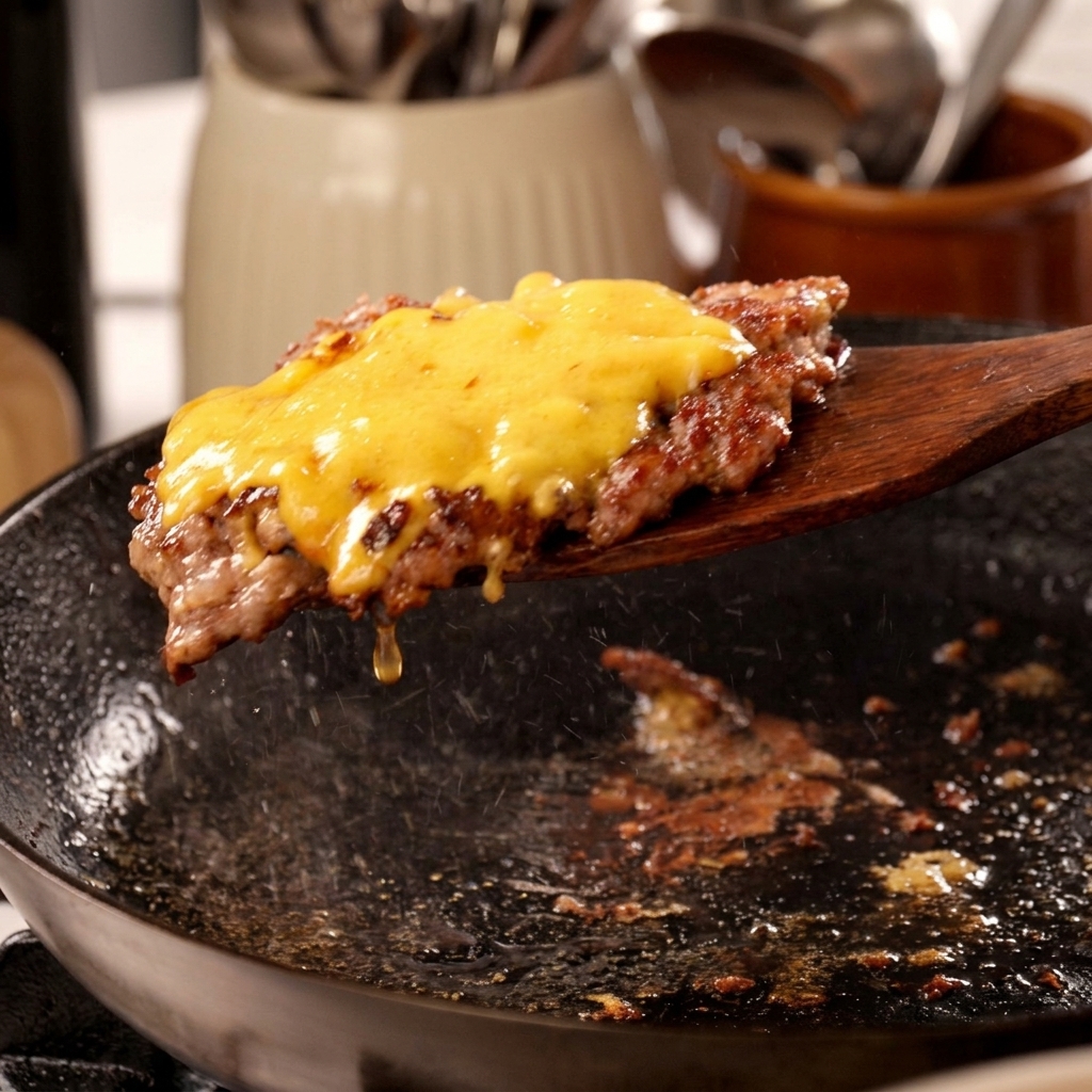 Primer plano de la carne jugosa con queso fundido siendo levantada de la sartén con una espátula.