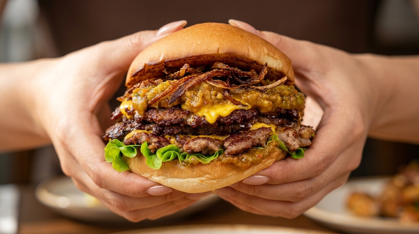 La Triple Smash Burger Definitiva con Salsa de Chiles Asados