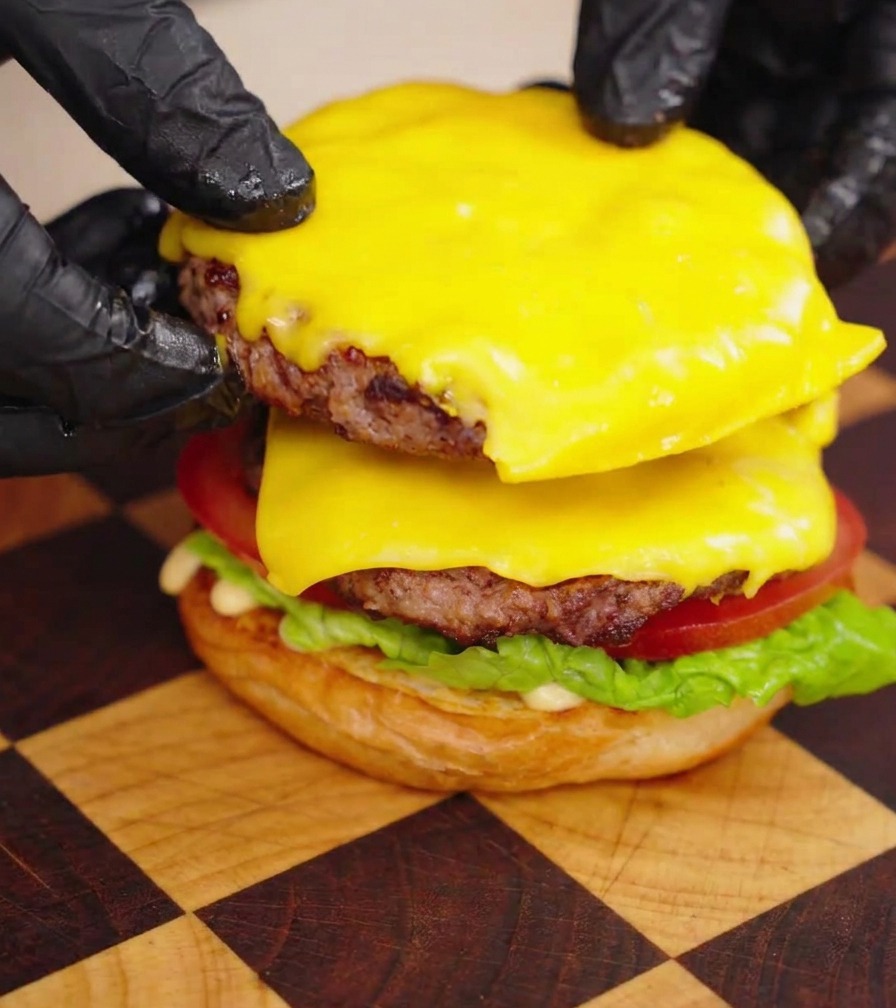 Manos apilando dos jugosas carnes de Wagyu con queso sobre la hamburguesa en proceso.