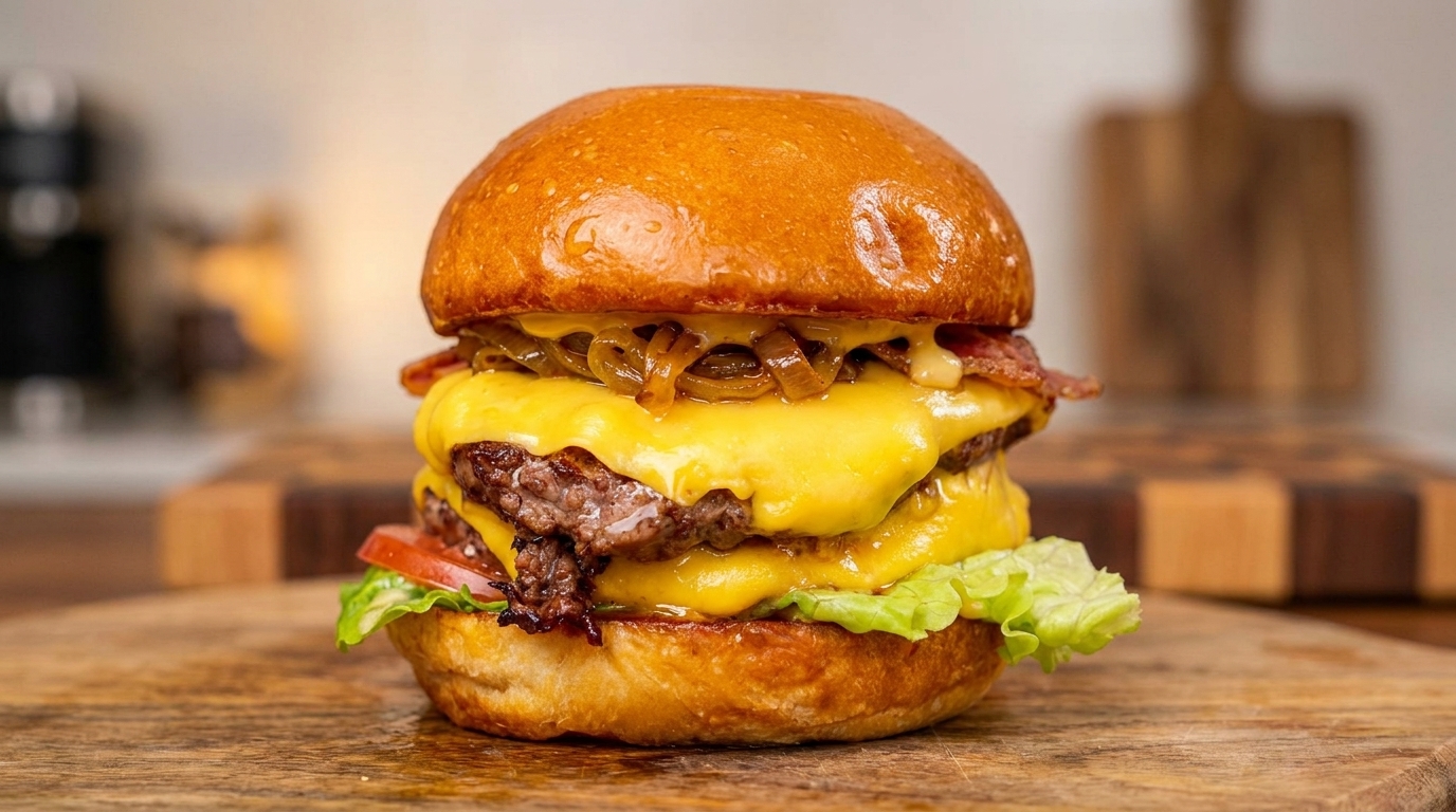 La mejor hamburguesa doble con queso Wagyu y cebollas caramelizadas