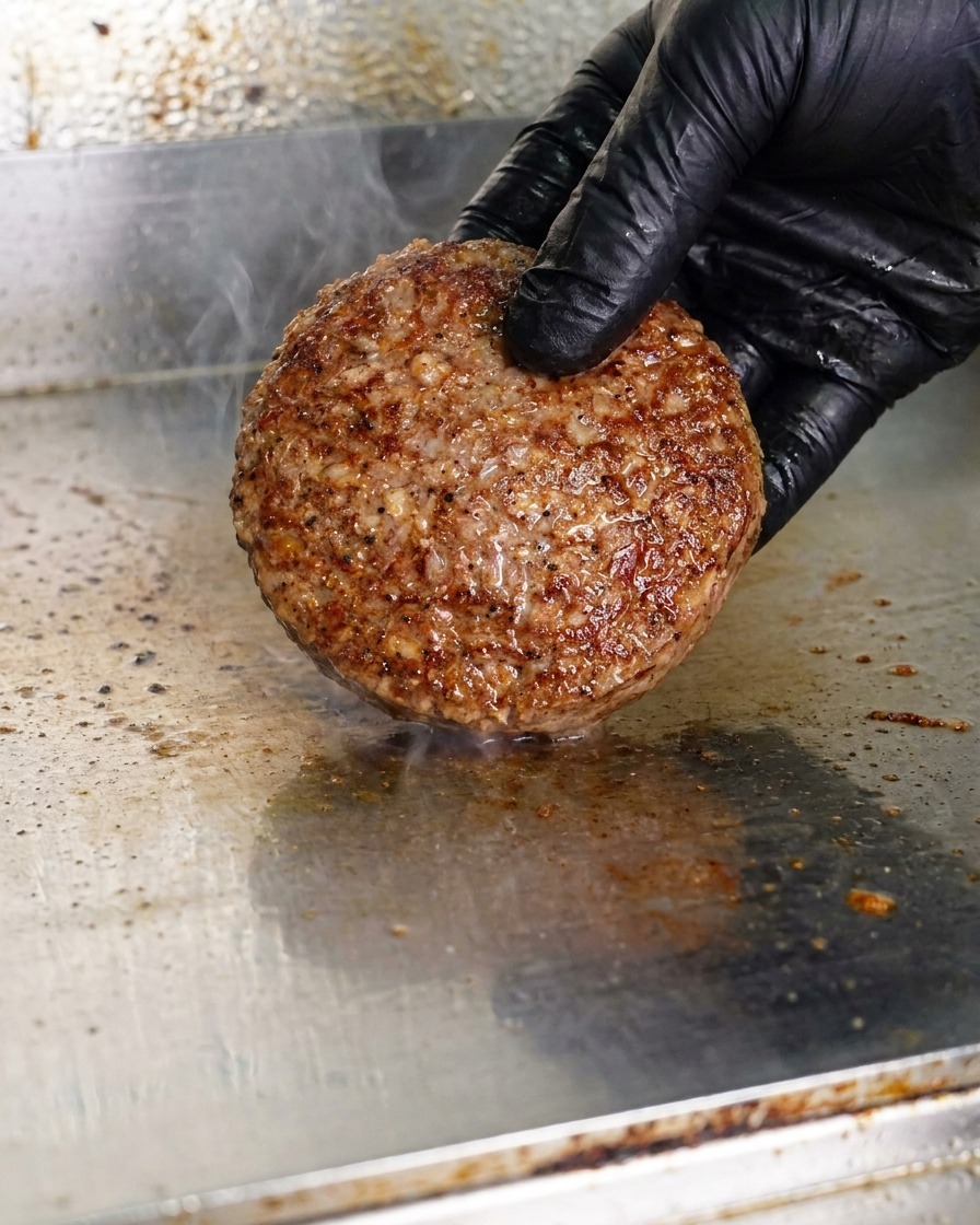 Una mano con guante negro colocando una bola de carne picada cruda sobre una plancha de metal caliente.