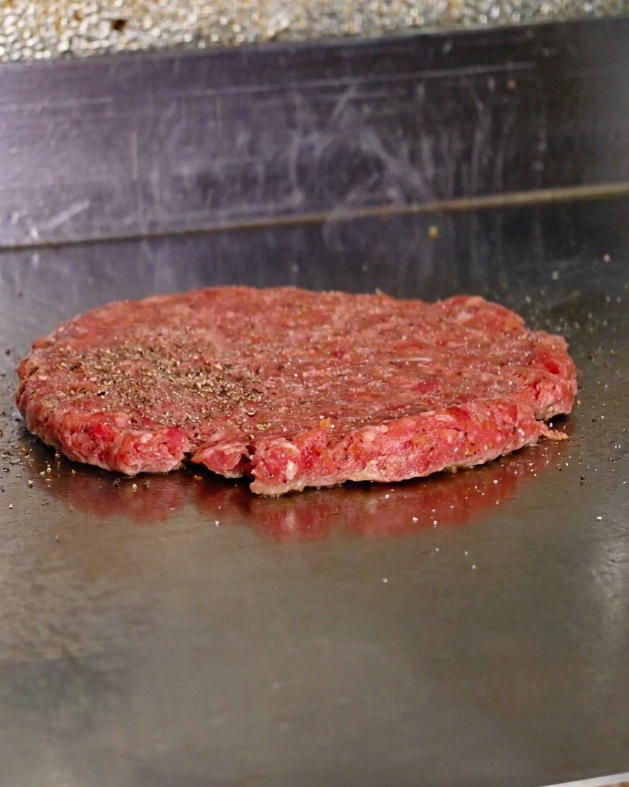 Hamburguesa de ternera aplanada en la plancha, sazonada con pimienta negra molida.