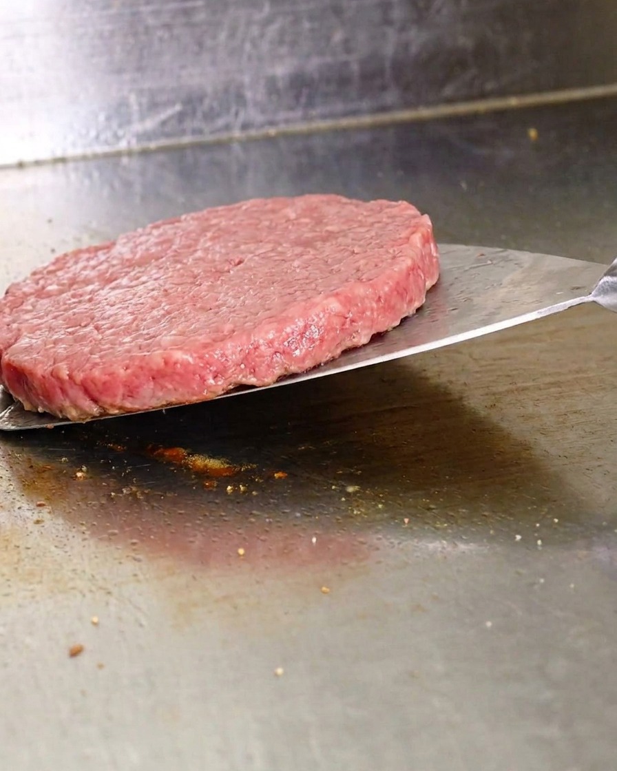 Una espátula de metal levantando una hamburguesa fina de una plancha caliente para voltearla.