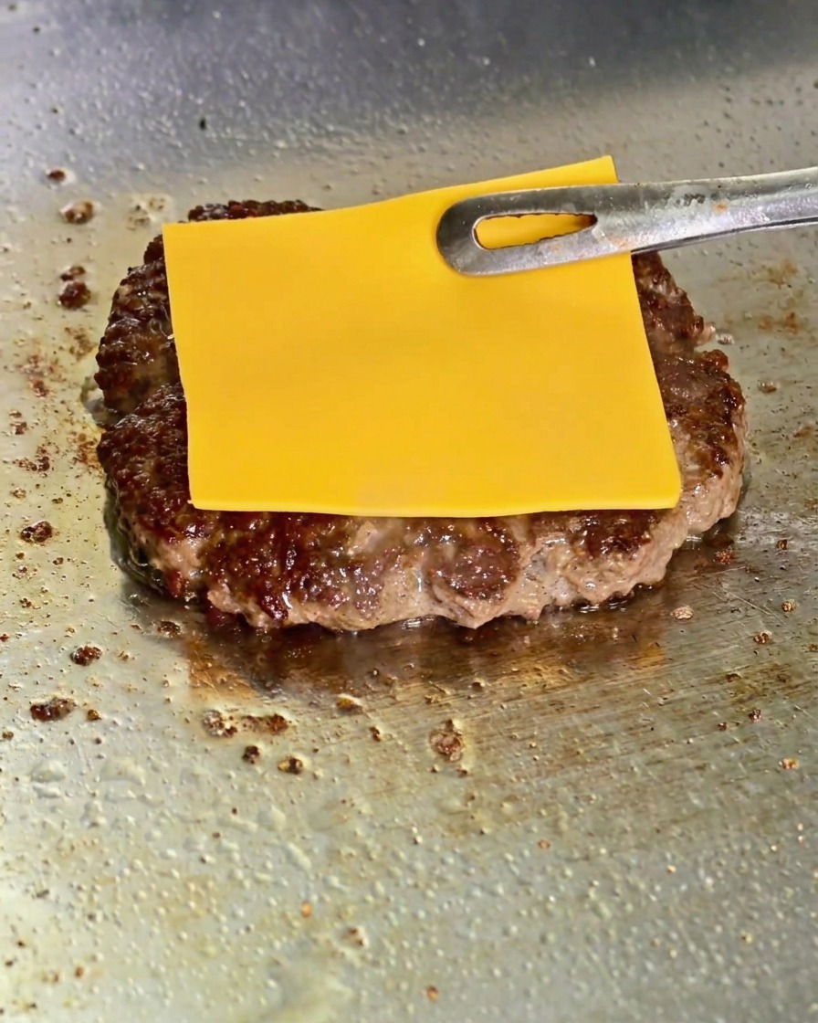 Pinzas metálicas colocando una loncha de queso amarillo sobre una hamburguesa dorada en la plancha.