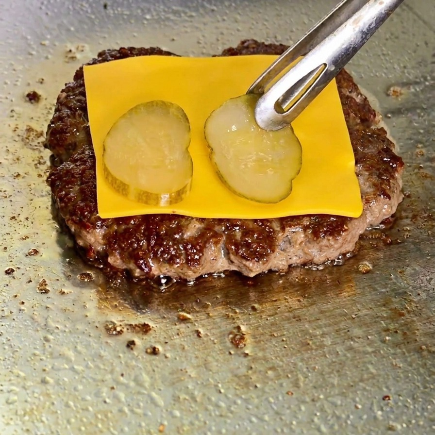 Pinzas colocando una rodaja de pepinillo sobre el queso fundido que cubre la hamburguesa.