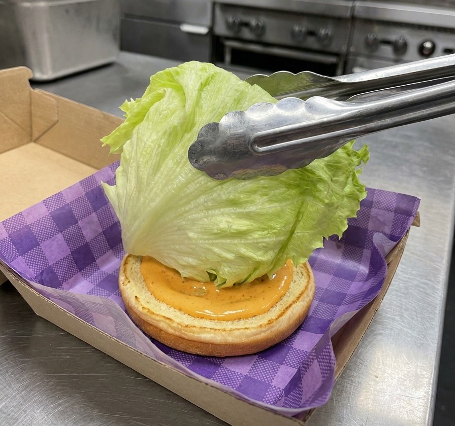Pinzas sosteniendo una hoja rizada de lechuga iceberg sobre un pan con salsa.