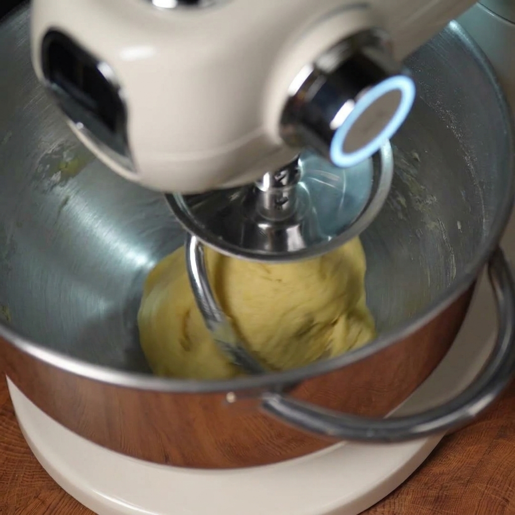 Una batidora de pie con gancho amasador trabajando una masa amarillenta en un bol de acero inoxidable.