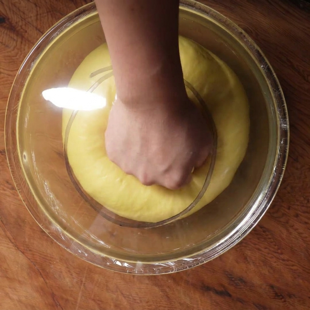 Una mano presionando la masa amarilla suave dentro de un bol de cristal para desinflarla.