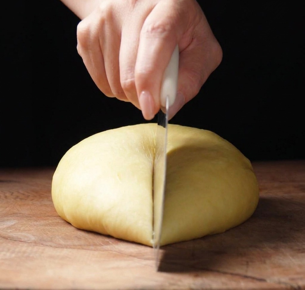 Una mano usando una rasqueta para cortar la masa de brioche en secciones iguales sobre una tabla de madera.