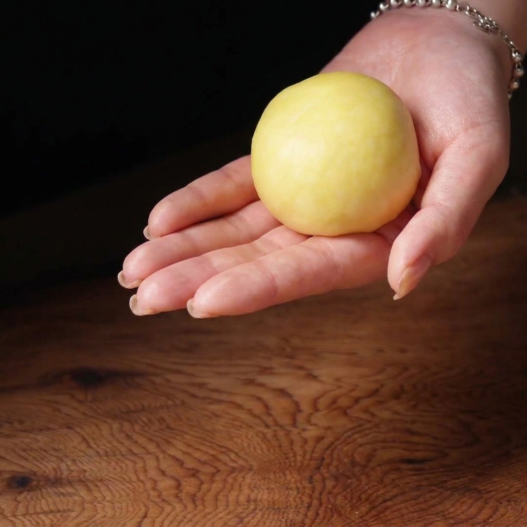 Una persona sosteniendo una bola de masa amarilla perfectamente lisa en la palma de su mano.