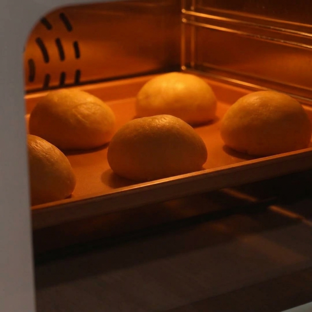 Cuatro bolas de masa reposando en una bandeja dentro de un horno tibio, viéndose hinchadas y más grandes.