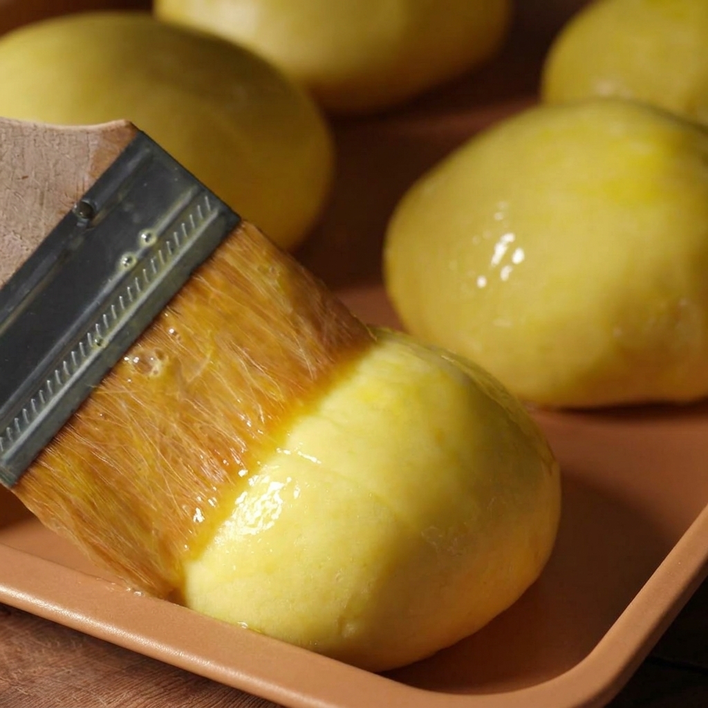 Primer plano de un pincel de cocina cubriendo una bola de masa con una capa brillante de huevo batido.