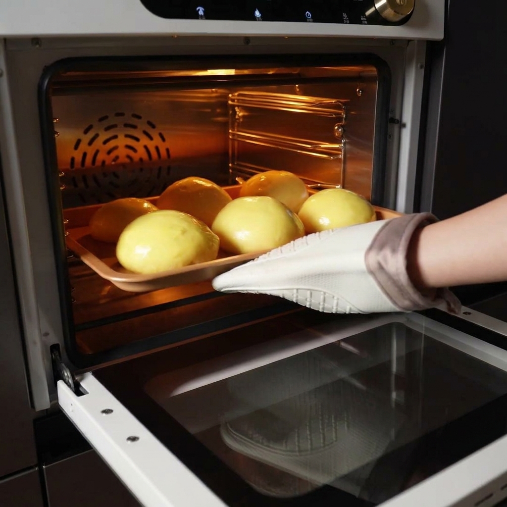 Una mano con guante de cocina metiendo una bandeja con seis panecillos en un horno iluminado.